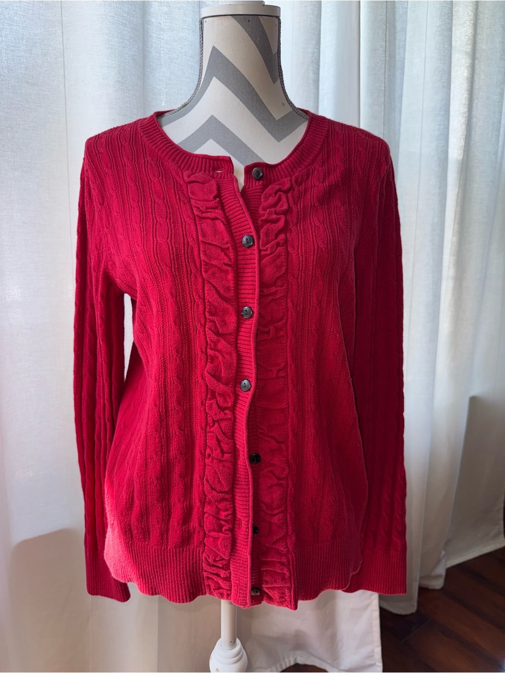 Eddie Bauer Red Cable Knit Cardigan with Ruffle Trim
